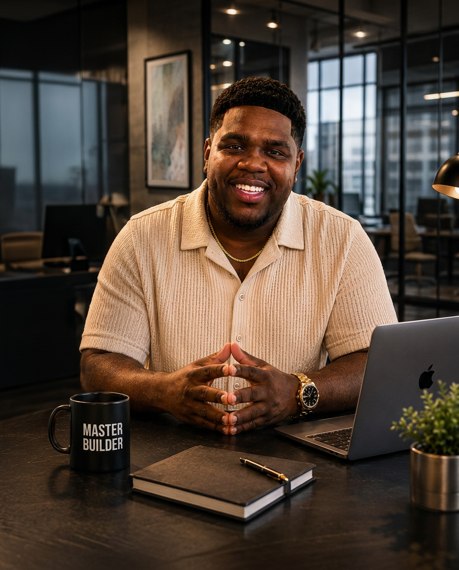 Jharvis James, founder of ARKTEKT, at his desk with a Master Builder mug